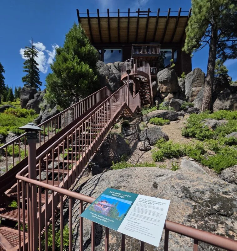 The 100-plus stair climb at 1455 North Lake Boulevard, with the Barth Team's architect history display visible halfway up